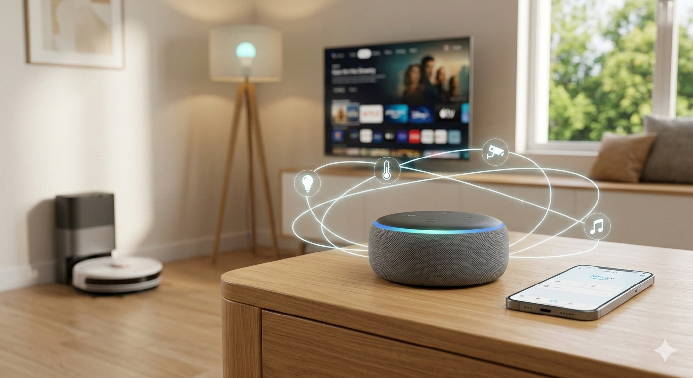 Uma fotografia de estilo "lifestyle" tecnológico e minimalista, ambientada em uma sala de estar moderna e aconchegante em 2026. No centro, sobre uma mesa de madeira clara, está o novo Echo Dot Max (cor grafite), emitindo um brilho suave de LED azul-petróleo (a cor da Alexa+). Ao fundo, levemente desfocados, vemos outros dispositivos integrados: uma smart TV mostrando a interface do Fire TV, uma fita de LED Matter brilhando atrás de uma prateleira e, na parede, o Echo Hub. A luz ambiente é natural e suave. Uma sobreposição gráfica sutil e futurista de linhas de conexão e pequenos ícones brancos (lâmpada, termostato, cadeado) flutua discretamente ao redor dos aparelhos, simbolizando a rede da casa inteligente comandada pela Alexa+ IA.