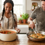 "Comparação visual entre uma panela de cerâmica branca com molho e uma frigideira de inox selando frango.
