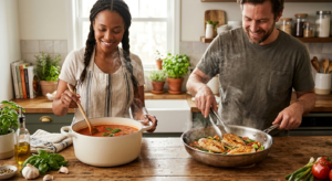 "Comparação visual entre uma panela de cerâmica branca com molho e uma frigideira de inox selando frango.