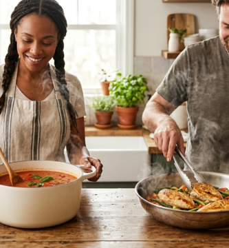 "Comparação visual entre uma panela de cerâmica branca com molho e uma frigideira de inox selando frango.